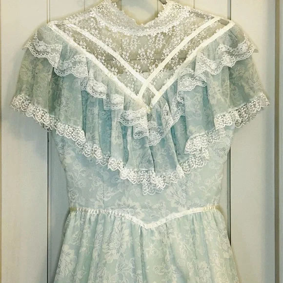 VTG Gunne Sax Jessica McClintock 70s Prairie Lace Prom Dress Pale Mint Size 7 - Picture 2 of 14